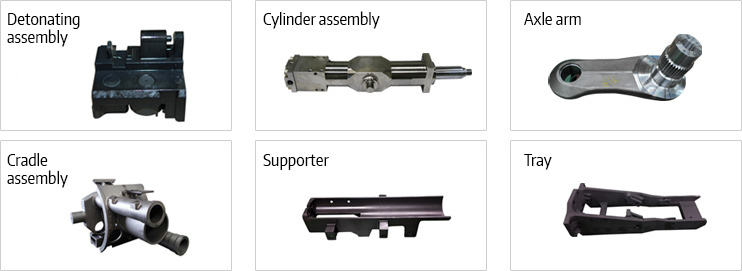 Detonating assembly, cylinder assembly, axle arm, cradle assembly, supporter, tray