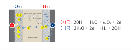 (+)극 : 20H- → H2O + 1/2O2 + 2e- , (- )극 : 2H2O + 2e- → H2 + 2OH